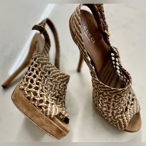 Gucci Platform Sandal Woven Leather Suede Trim Spike Heel Peep Toe SZ 38.5 (8.5)